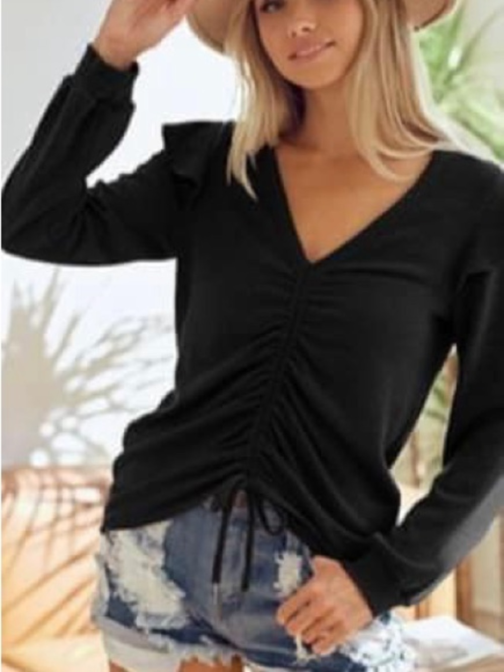 BiBi Black V-Neck Long Sleeve Drawstring Ruched Top